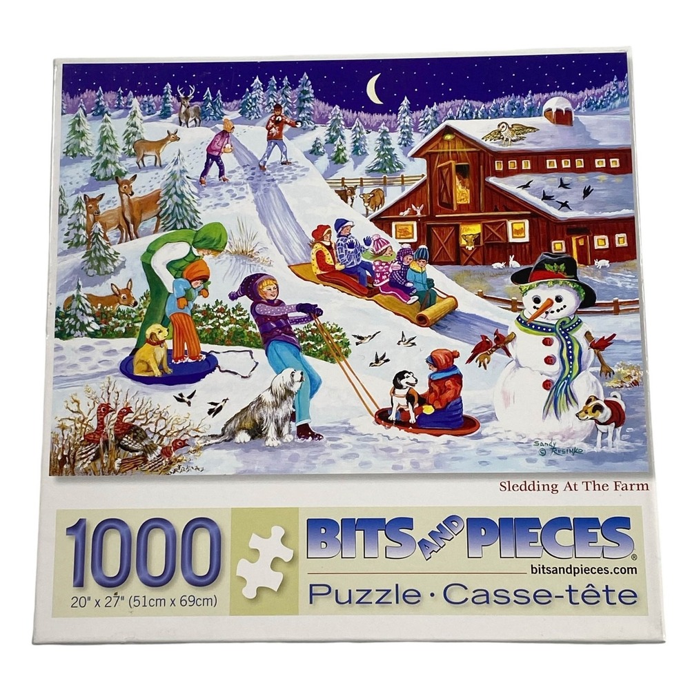Bits and Pieces Sledding At The Farm 1000 Pcs Jigsaw Puzzle Sandy Rusinko Winter